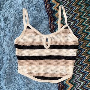 American Eagle XS Cropped Striped Knit Tank Top - Cream and Black Keyhole design